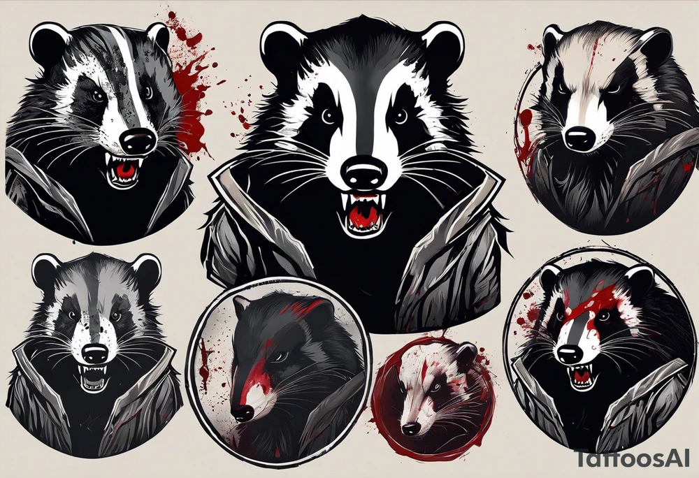 Draw me psychopath badger/Warrior with aggressive full body, killer face with a smile, very long nails and he attacks like a Bloody Warrior to us and also, he has very deadly looking. He fights with his nails. Everybody scares after their first sight. Give me horror type Badger Tattoo. I want to see his full body. tattoo idea