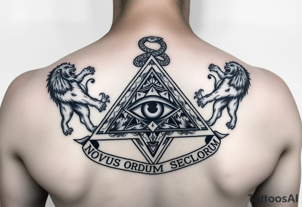 Pyramid with eye in the center, diamond with snake on the top,lions on corners,surrounded by words - novus ordum seclorum tattoo idea