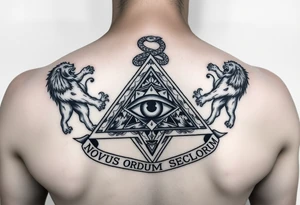 Pyramid with eye in the center, diamond with snake on the top,lions on corners,surrounded by words - novus ordum seclorum tattoo idea