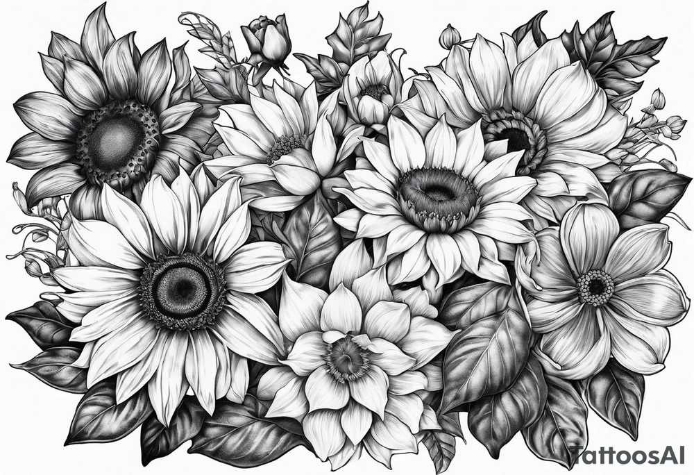 Sunflower, daffodil, poppy, chrysanthemum and holly tattoo idea