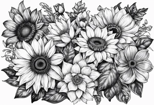 Sunflower, daffodil, poppy, chrysanthemum and holly tattoo idea