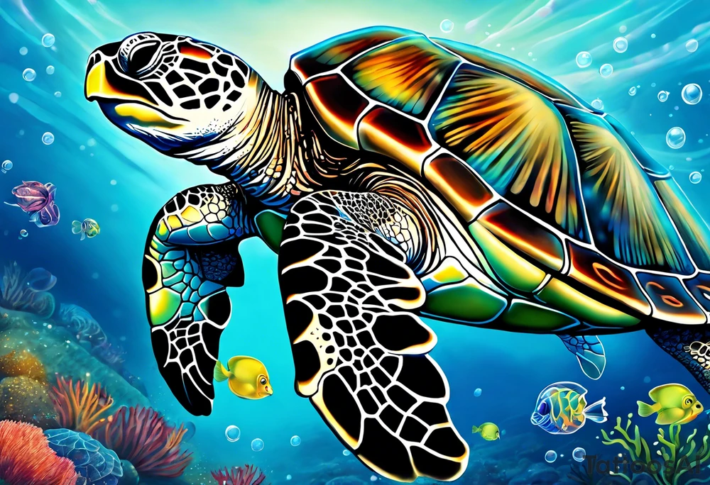 large sea turtle with its head on the right side of the image pieces of corral around it and bubbles, exclude a blue background and add a colorful jellyfish with long flowing tentacles next to the sea turtle tattoo idea