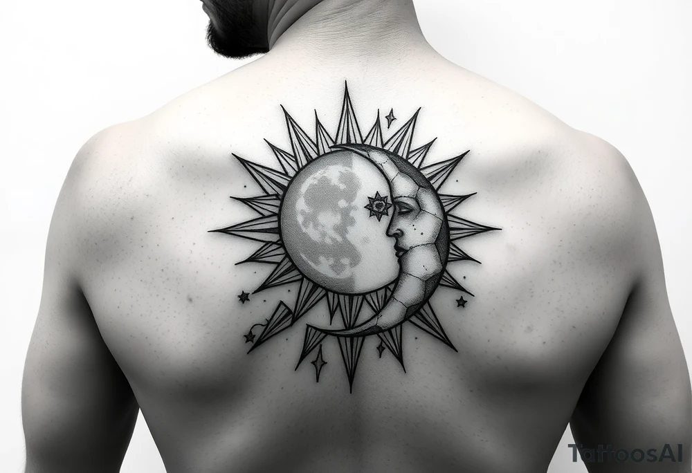 celestial sun and moon embrace with constellation patterns on arm tattoo idea