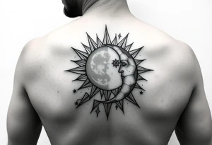 celestial sun and moon embrace with constellation patterns on arm tattoo idea