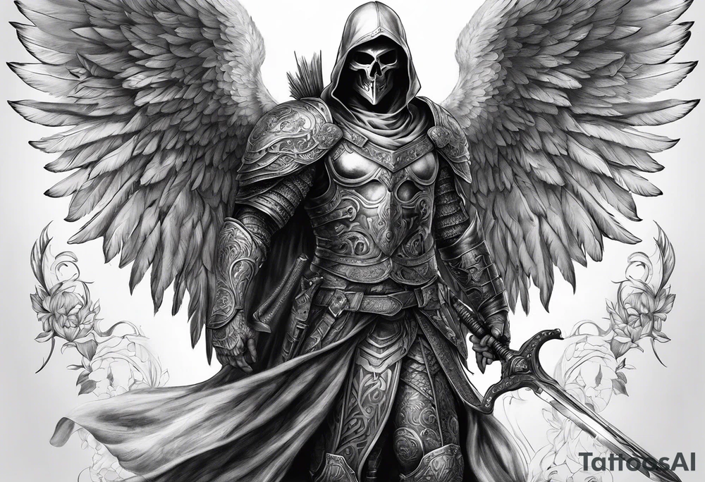 realistic full body of man angel of death, without face, with armour, holding sword in right hand tattoo idea