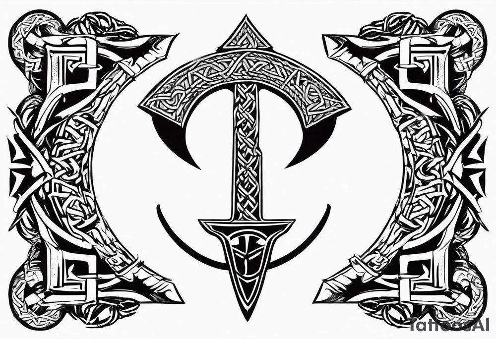 Valhalla sword shield dragon axe Valknut barbed wire chains tribal tattoo idea Valhalla sword shield dragon axe Valknut barbed wire chains tribal tattoo idea