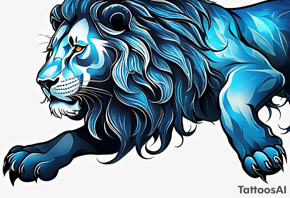 I Want zodiac leo/lion for upper arm and bicep. With blue and fire in it. I want the lion to be eating all its strengths and weaknesses labeled in black color tattoo idea