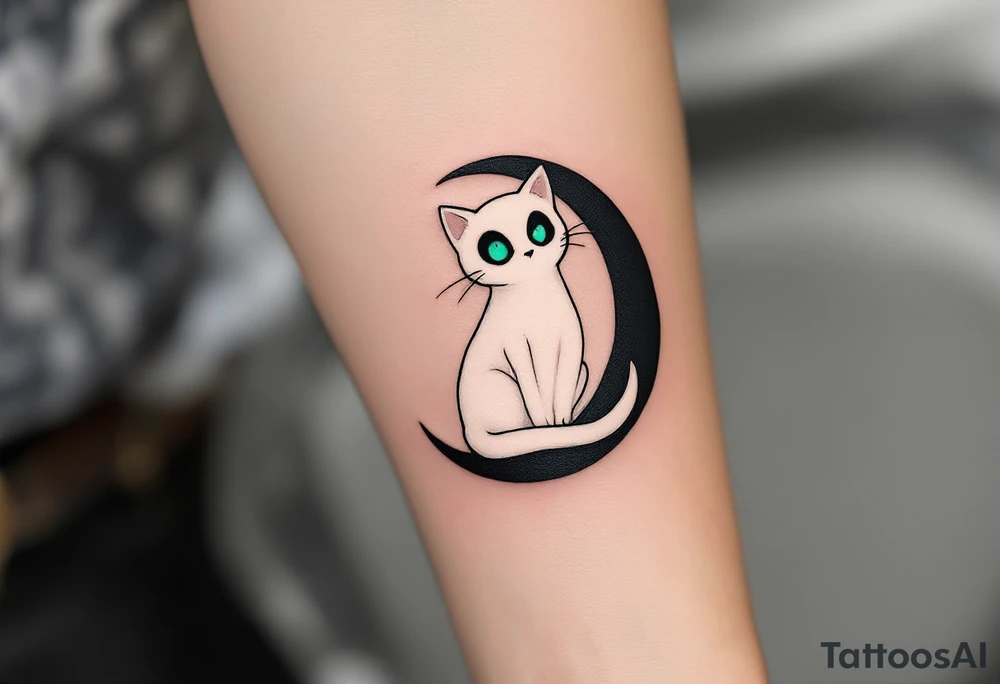 Tim Burton’s ghost cat glows faintly white with sunken green eyes, curled on a black crescent moon. tattoo idea