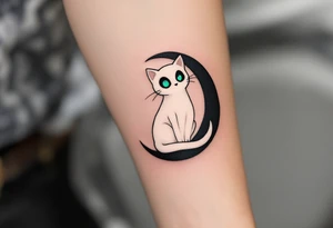 Tim Burton’s ghost cat glows faintly white with sunken green eyes, curled on a black crescent moon. tattoo idea