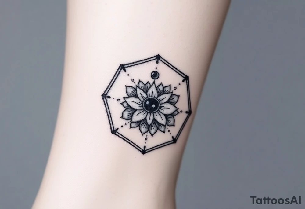 Hexagon with a Leo constellation, larkspur and water lilies in the center tattoo idea