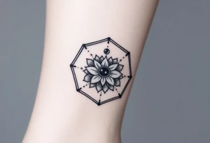 Hexagon with a Leo constellation, larkspur and water lilies in the center tattoo idea