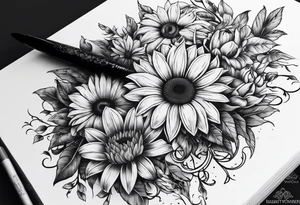 open book with daisy bouquet and a sunflower and a celtic dara knot tattoo idea