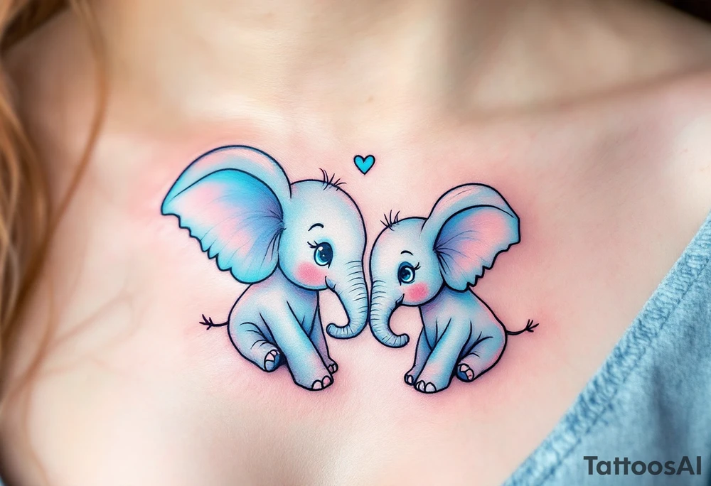 Mama elephant and baby elephant in pastel blue, trunks forming a heart, drawn with thick black outlines. tattoo idea