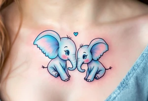 Mama elephant and baby elephant in pastel blue, trunks forming a heart, drawn with thick black outlines. tattoo idea