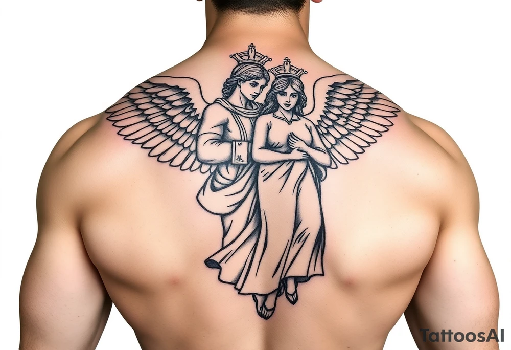Muscular male guardian angel carrying female officer in the United States coast guard religious statue tattoo idea