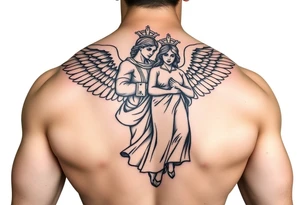 Muscular male guardian angel carrying female officer in the United States coast guard religious statue tattoo idea