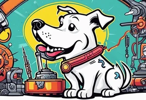 White dog fixing his mechanical brain with screwdriver tattoo idea