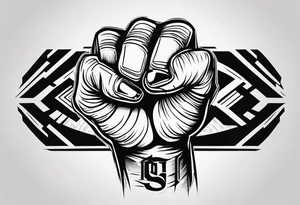 A clenched fist, the hand contains five fingers as specified, the tattoo is a back tattoo using negative space drawing techniques tattoo idea