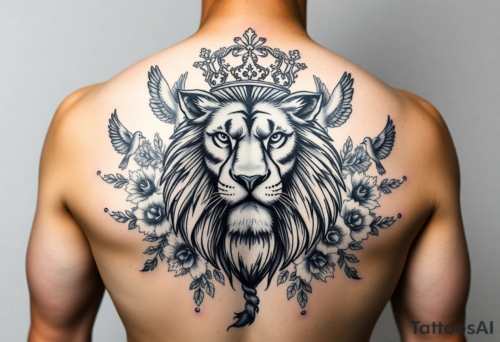 powerful majestic lion with a crown, surrounded by floral ornaments and birds tattoo idea