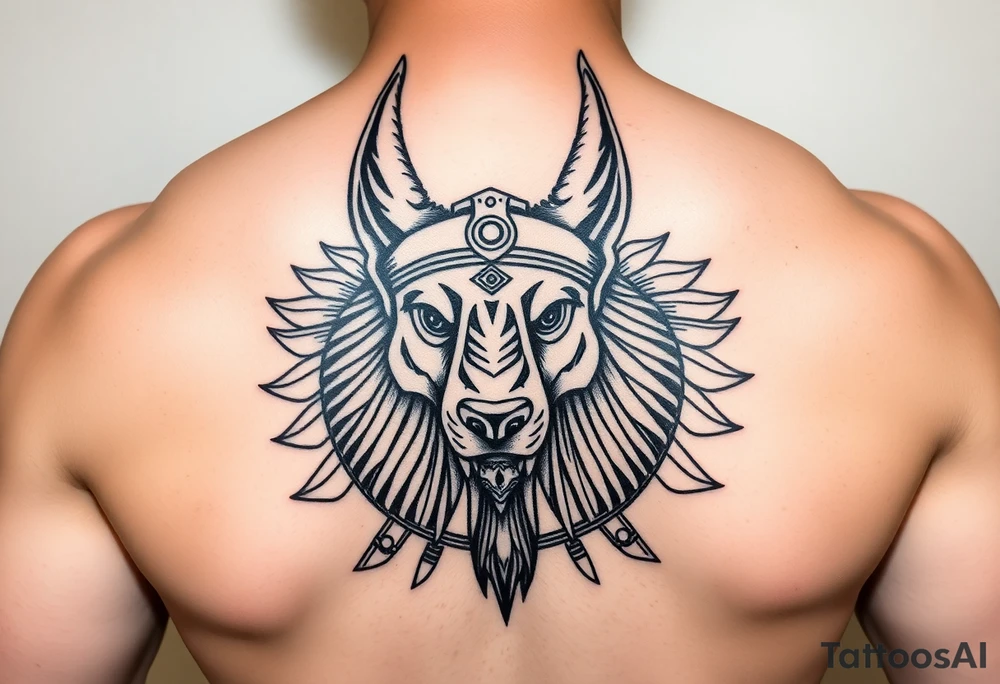 Egyptian Anubis god powerful face muscle in Egypt style with mantle on head dog face surrounded Egyptian symbols tattoo idea