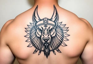 Egyptian Anubis god powerful face muscle in Egypt style with mantle on head dog face surrounded Egyptian symbols tattoo idea