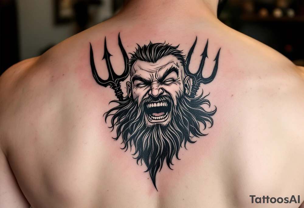 laughing poseidon, behind a trident, looking at his nose tattoo idea