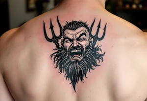 laughing poseidon, behind a trident, looking at his nose tattoo idea