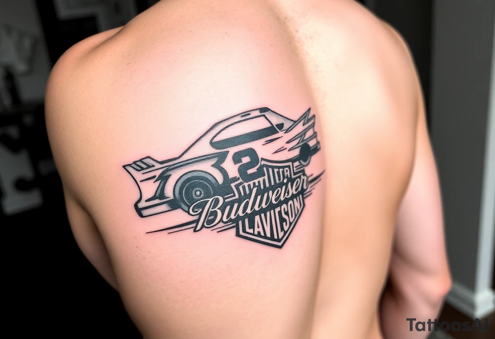 An arm tattoo with the original Dale Earnhardt car on it with the year 1958 to 2021 intertwined with a Harley-Davidson with a Budweiser logo on it tattoo idea