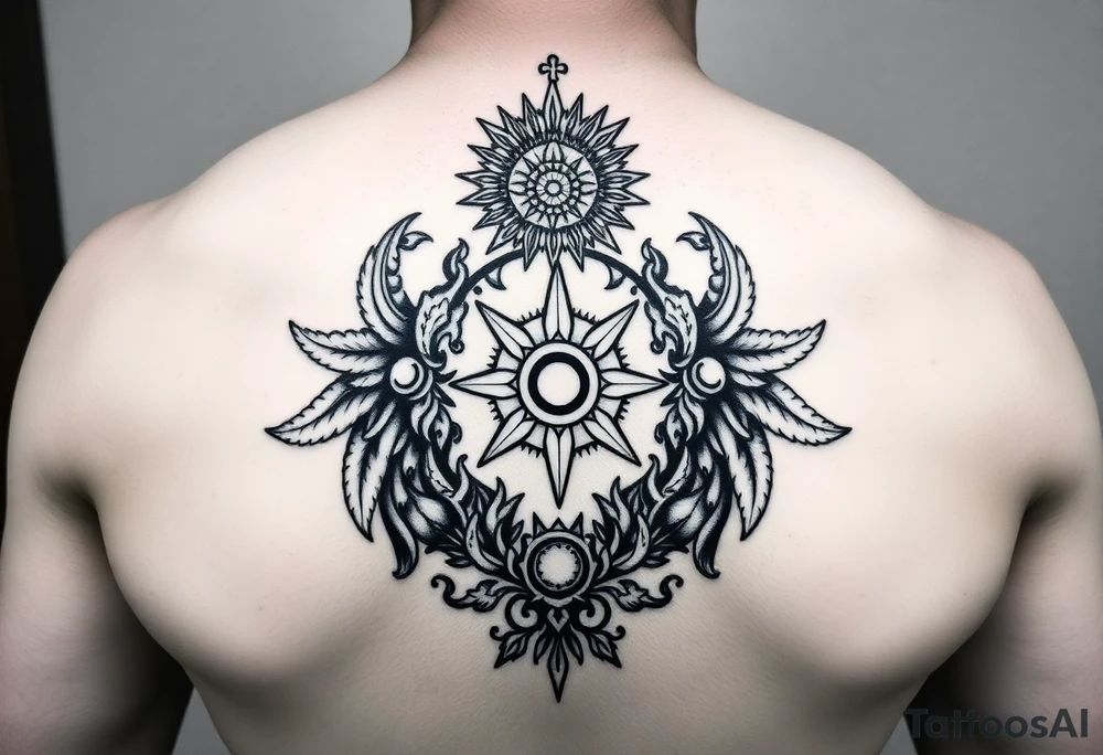 Can you help me design my next tattoo? I already have Polynesian-style tattoos covering left shoulder blade and second in the middle of back going along the spine up till my neck, and I’m looking for ideas to fill the white space between them. I haven’t been able to come up with anything that works.

I’d like the new elements to be in a different style than Polynesian, but still visually cohesive so they complement the existing tattoos rather than clash with them. Maybe steampunk tattoo idea