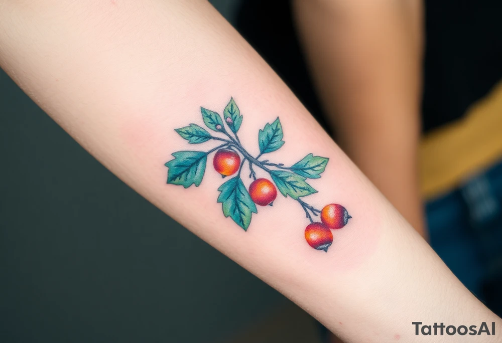 on the forearm an oak branch with thick leaves and acorns tattoo idea