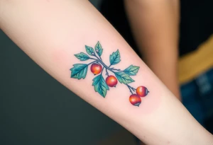 on the forearm an oak branch with thick leaves and acorns tattoo idea