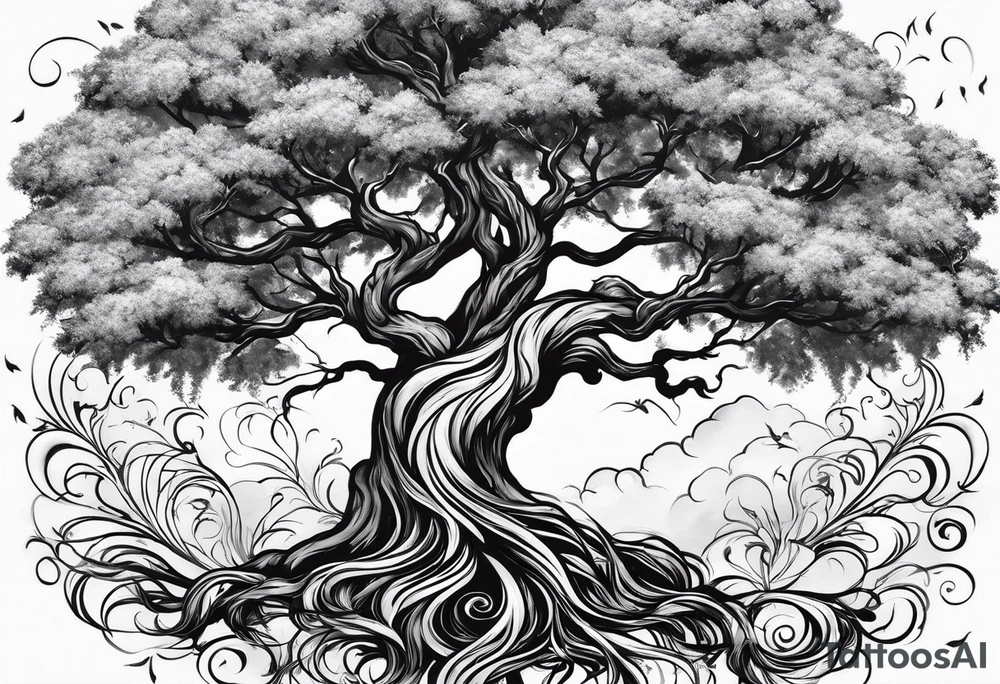 Full arm sleeve tatto with a tree with roots, the last name blanco, and a pheonix rising above the tree and the name blanco tattoo idea
