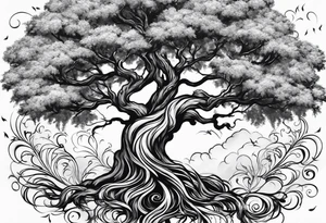 Full arm sleeve tatto with a tree with roots, the last name blanco, and a pheonix rising above the tree and the name blanco tattoo idea