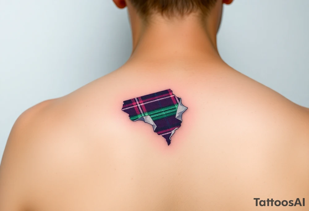 Side of arm Dark Purple with green pink blue and white highlights tartan fabric with skin peeling away at edges tattoo idea