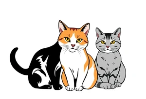 three cats, one black and white cat, one orange and white cat and one grey tabby cat tattoo idea