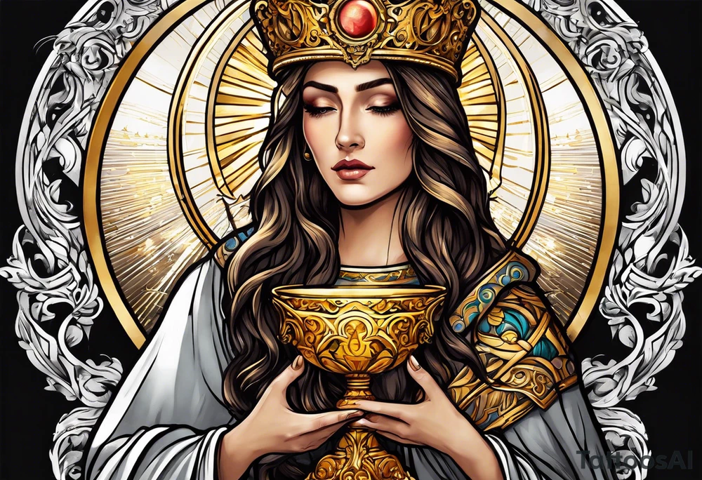woman saint holding chalice surrounded by golden halo tattoo idea