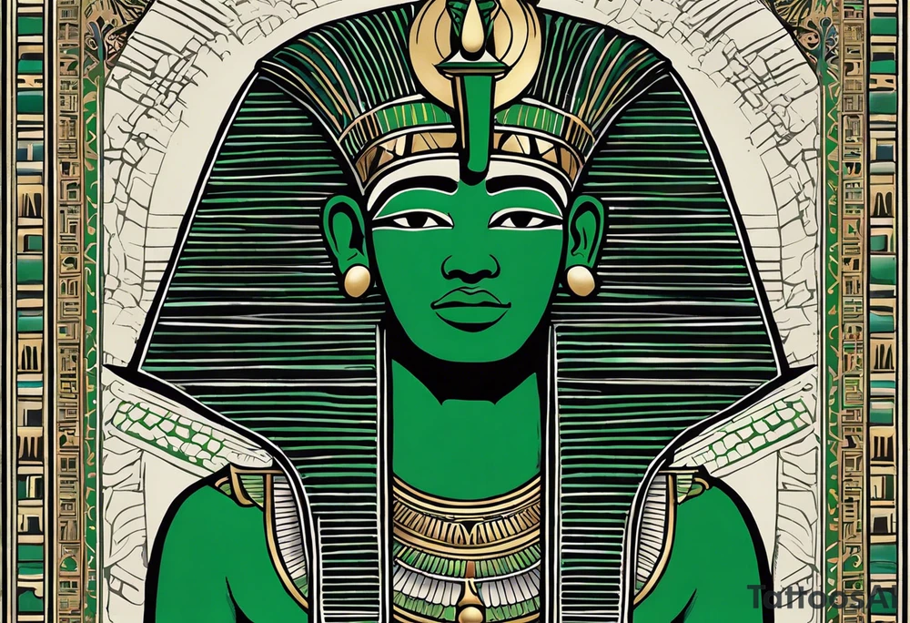 The tattoo represents Osiris, the god of the afterlife and resurrection, with his iconic green skin and traditional attire. His body is wrapped in a detailed shroud, and he is depicted with the Atef crown, featuring the white crown of Upper Egypt flanked by two feathers. His eyes are serene yet powerful, reflecting his role as the judge of the dead. The detailed texture of his skin and attire, along with realistic shadows and highlights, accentuate Osiris’s divine and otherworldly presence. tattoo idea