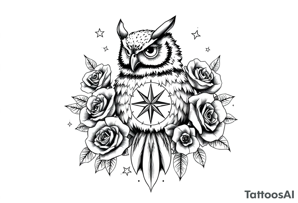 an owl,compass,roses,stars. tattoo idea