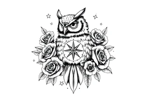 an owl,compass,roses,stars. tattoo idea