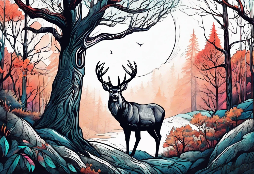 Nature trees with whitetail buck behind the trees tattoo idea