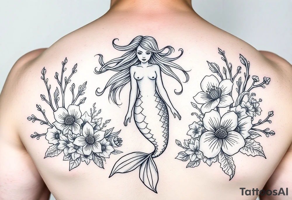 ethereal mermaid with flowing hair among coral and sea flowers tattoo idea