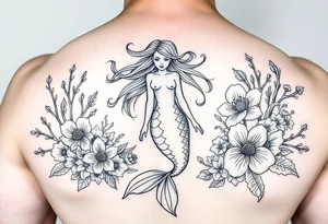 ethereal mermaid with flowing hair among coral and sea flowers tattoo idea