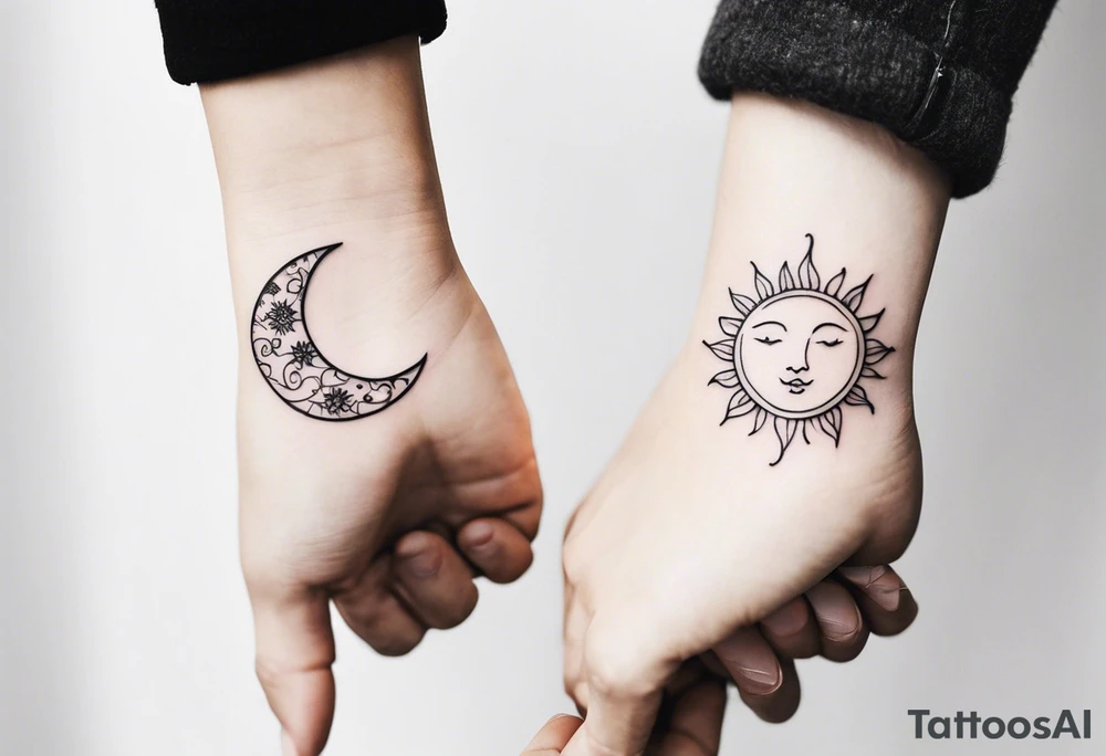 Matching friend tattoos, moon and sun, floral, vines, tiny and minimal tattoo idea