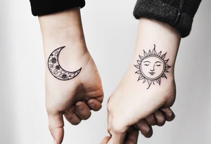 Matching friend tattoos, moon and sun, floral, vines, tiny and minimal tattoo idea