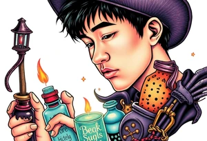 Handsome Asian young adult guy is  accidentally stumbled upon witch tools, supplies, artifacts, potions and exploring it curiously tattoo idea