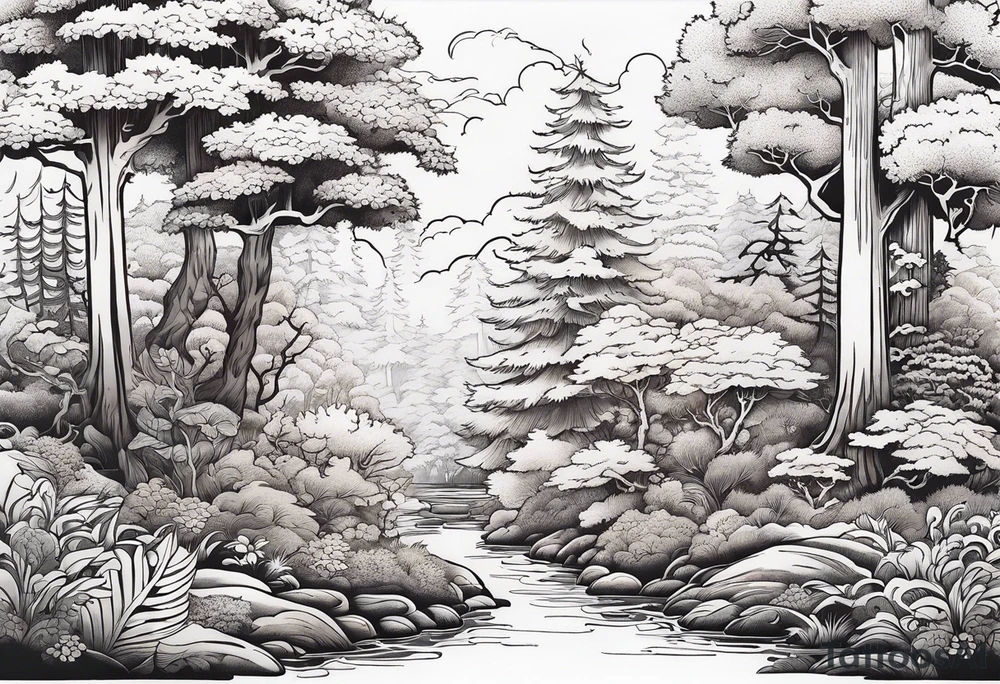 Forest with a lot of trees and animals walking around tattoo idea