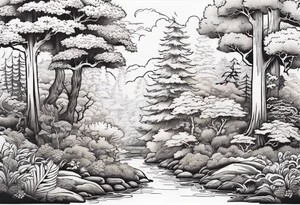 Forest with a lot of trees and animals walking around tattoo idea
