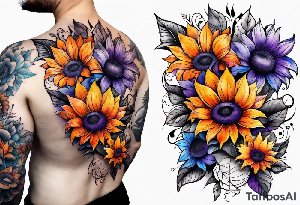 Full arm sleeve with purple, orange and blue sunflowers tattoo idea
