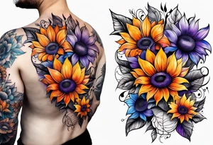 Full arm sleeve with purple, orange and blue sunflowers tattoo idea