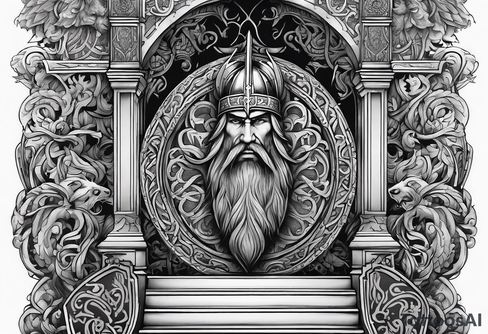 The Viking is at the bottom of the stairs that lead to the gate to Valhalla. tattoo idea